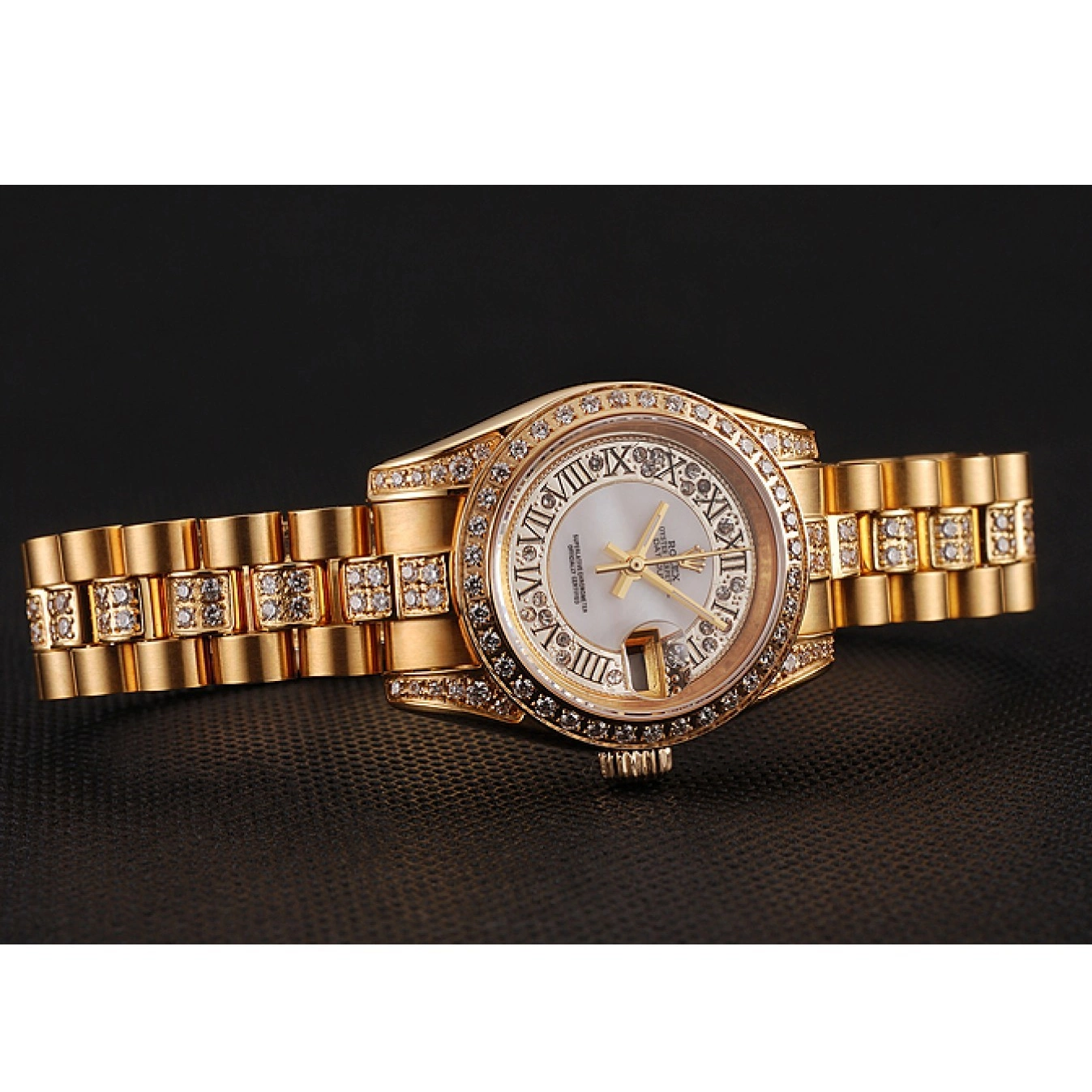 Rolex aaa copy Rolex 1453957 DayJust Swiss Bracelet Pave White Diamond Dial Gold Diamond 0721